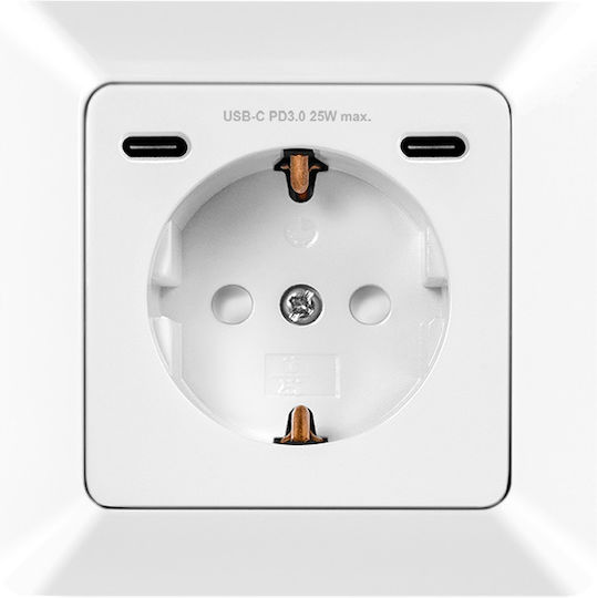 Priză Electrică De Perete Schuko X 1 2x Usb-c Pd 25w 230v Ac 50 Hz 16a Ip20 Protecție 29,5mm Adâncime Alb