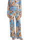 Women’s High Rise Satin Pantaloons with Rubber Band in Wide Leg Style Floral Beige-Blue