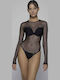 Schwarzes Transparentes Damen-Bodysuit Mit Langem Arm
