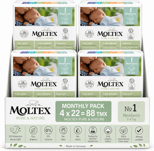 Πάνες με Αυτοκόλλητο Moltex Pure & Nature Monthly Pack No. 1 για 2-4kg 88τμχ
