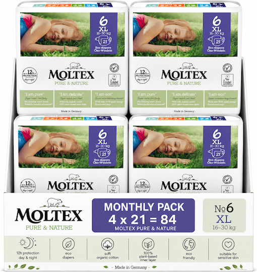 Ontex Scutece cu Bandă Adezivă Moltex Pure & Nature Monthly Pack Nr. 6 pentru 16-30kg 84 bucăți