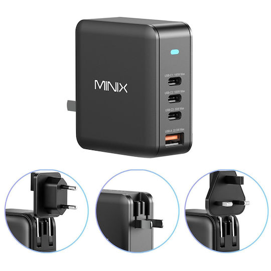 Minix GaN Wireless Charger with USB-A Port and 3 USB-C Ports 165W Power Delivery / Quick Charge 5.0 Black (P165 US)