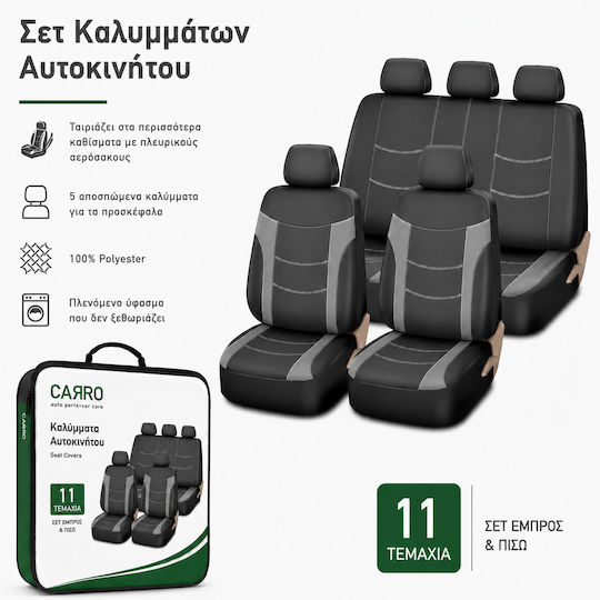 Carro 395365 Car Seat Covers Set Nissan Micra Pulsar Almera Primera Note Tiida Leaf Qashqai X-trail Interstar Cotton Fabric Leatherette Set Front Rear 11 Pieces Black Grey