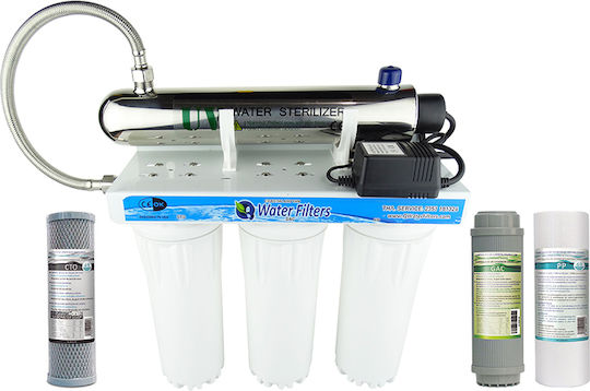 QWaterFilters 4-Етапна UV Дезинфекция QUC3-UV 16W Устройство за Филтриране на Вода Тройна Под Мивката Диаметър на Тръбата ½" с Резервен Филтър HPP-A 5μm, H-CAG 10″, HCTO-A 1μm NW.5031