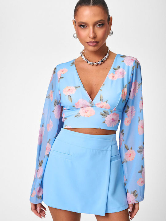 Decoro Γυναικείο Crop Top Floral Γαλαζιο