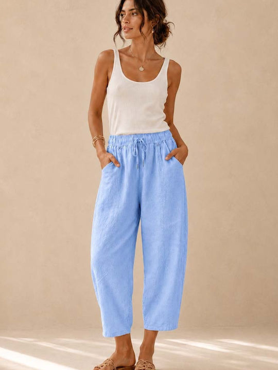 Women's Linen Pantaloons with Rubber Band Relaxed Fit Light Blue