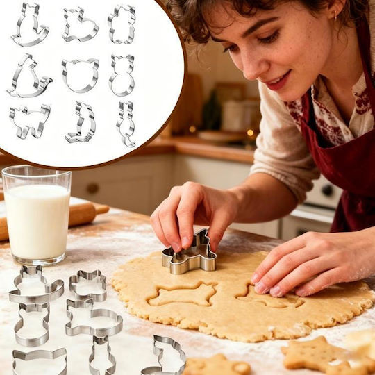 Σετ 9 Τεμαχίων Lscook Ανοξείδωτο Ατσάλι Καλούπι Μπισκότα Σχήμα Γάτας Κουπάτ Κινούμενα Σχέδια Ασημί
