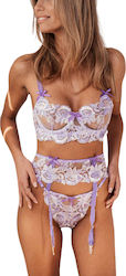 Violet Lilac Floral Lingerie Set Garters Underwire Violet Lilac Floral Lingerie Set Garters Underwire
