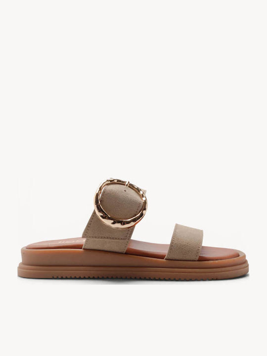 Beige Leder Flatforms Mit Großem Metallischen Schnallen