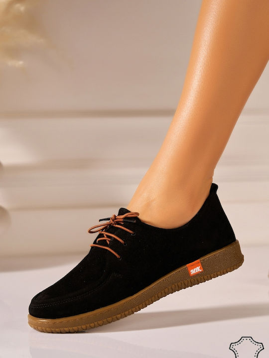 SCVDRG Suede Γυναικεία Oxfords σε Μαύρο Χρώμα