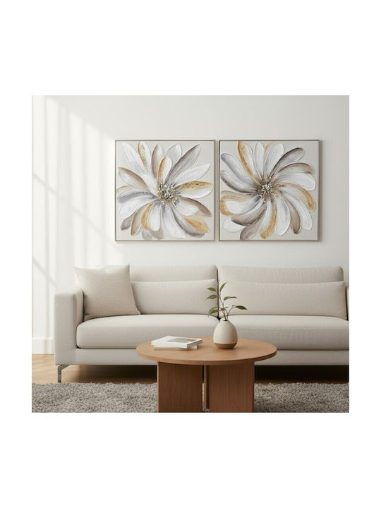 Karvounis Canvas Painting Flower White-Gold Silver Frame Abstract Daisy 62x62x3.5cm Bd25b514aa-1a