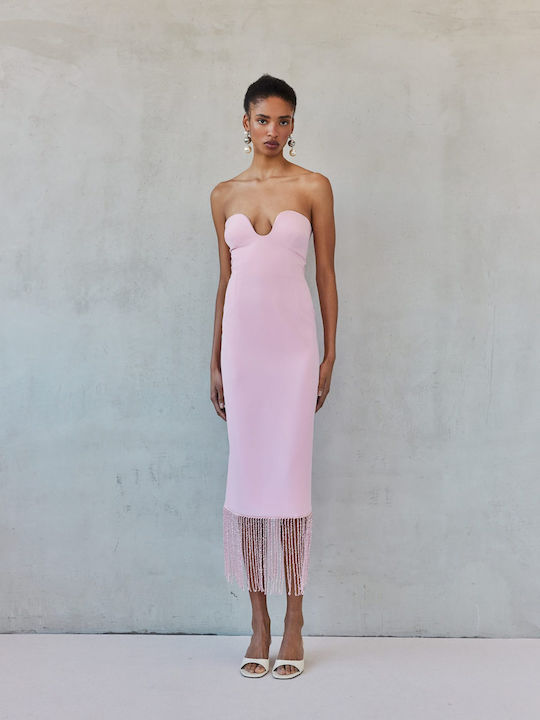 Summer Midi Evening Strapless Dress Baby Pink