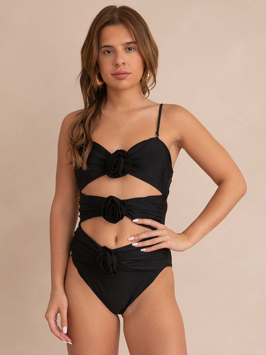 One Piece Swimsuit Appliqué Roses Size S Black