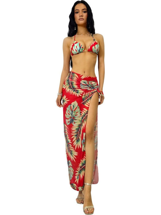 Set Cu Fustă Maxi Floral Roșie