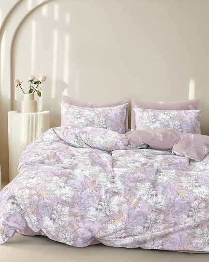 Rythmos Σετ Παπλωματοθήκη Βαμβακοσατέν 220x250cm Υπέρδιπλη με 2 Μαξιλαροθήκες Evie Λιλά