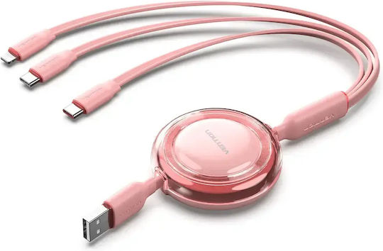 Vention Male Retractable USB To Type-C Lightning Cable 3.5A Pink 1.1m TRJPBE