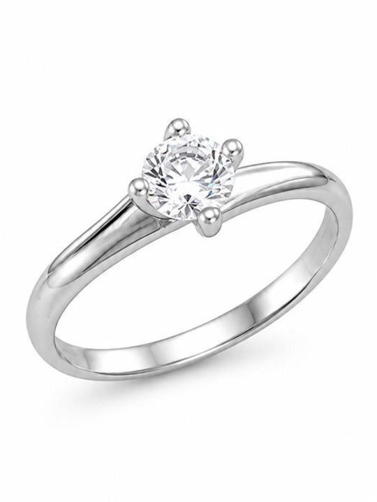 Paraxenies Single Stone Ring in White Gold 9K with Zircon
