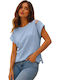 Women's Summer Linen Short Sleeve Light Blue Blouse