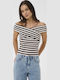 Γυναικεία Μπλούζα Βαμβακερή Off-Shoulder Αμάνικη Ριγέ Μπλέ-άσπρη