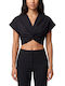 Women Twenty-29 Crop Cotton Sleeveless Top with V-Neckline Black