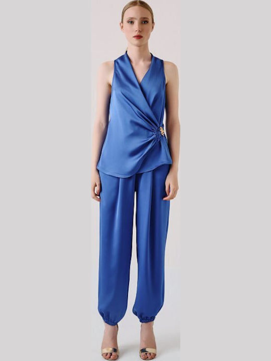 Desiree Women's Satin Sleeveless Blue Blouse