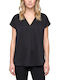 Blouse Women Twenty-29 Γυναικεία Μπλούζα Σατέν Κοντομάνικη με V Λαιμόκοψη Μαυρο