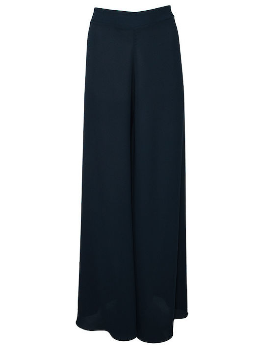 Women's High Rise Crepe Flared Trousers with Rubber Band Blue