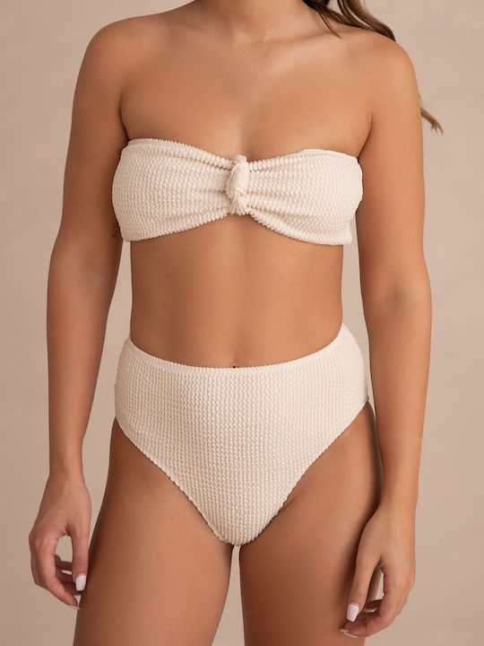 Bikini Set Strapless High Waist Slip Gofre Ivory Size M Cream