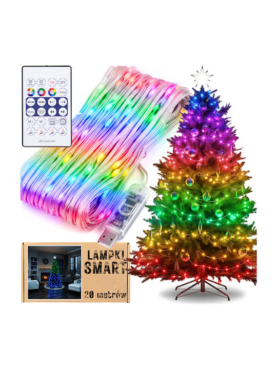 200 Коледни Лампички LED 20м RGB USB Лента