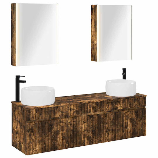 vidaXL Badezimmer Waschtisch-Einheit mit Waschbecken und Spiegel mit Licht M53xB15.5xH70cm Rauchholz