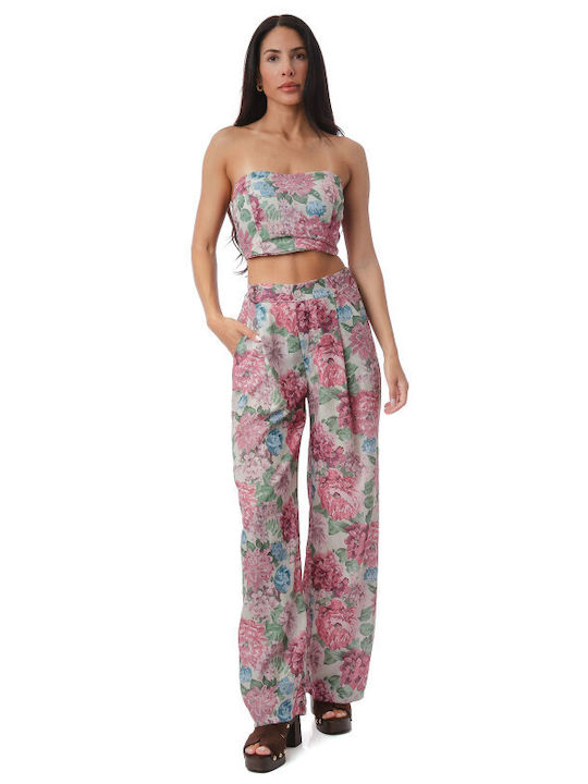 Ροζ Σετ Παντελόνα Strapless Τοπ Φλοράλ Prints