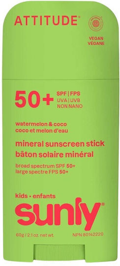 Attitude Sunly Kids Wassermelone & Coco SPF50 Wasserdichtes Kinder Sonnenschutzmittel Stick für Gesicht & Körper 60ml
