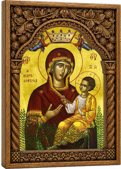 Heilige Maria Myrtidiotissa Holzschnitzerei Ikone Rahmen Byzantinische Bogen 22cm