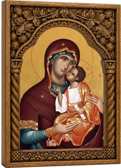 Heiligenikone Panagia Glykofilousa Holzrahmen Byzantinische Bogen 22cm