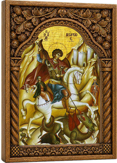 Heiligenikone St. Georg Holzrahmen Byzantinische Kamee 22cm