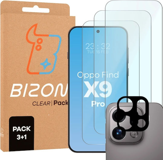 Bizon Glass Clear Set Protecție 4în1 3 Folii Sticlă Ecran + 1 Foliă Sticlă Cameră Compatibil Oppo Find X9 Pro Transparent