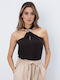 Women's Sleeveless Blouse with Tie Neck Metallic