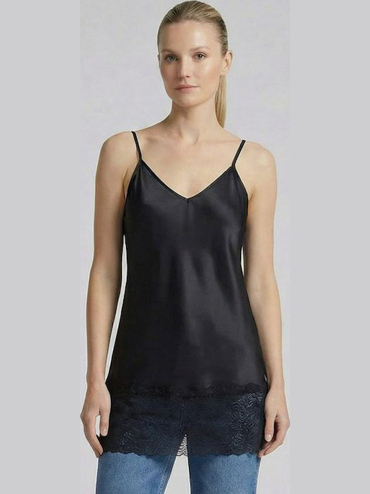 Women's Satin Blouse with Spaghetti Straps Floral Black