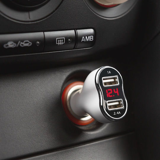 Încărcător Auto 2.4A cu Porturi 2xUSB și Volmetru Culoare Albă