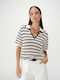 Women's Polo Blouse Short Sleeve Striped Ecru