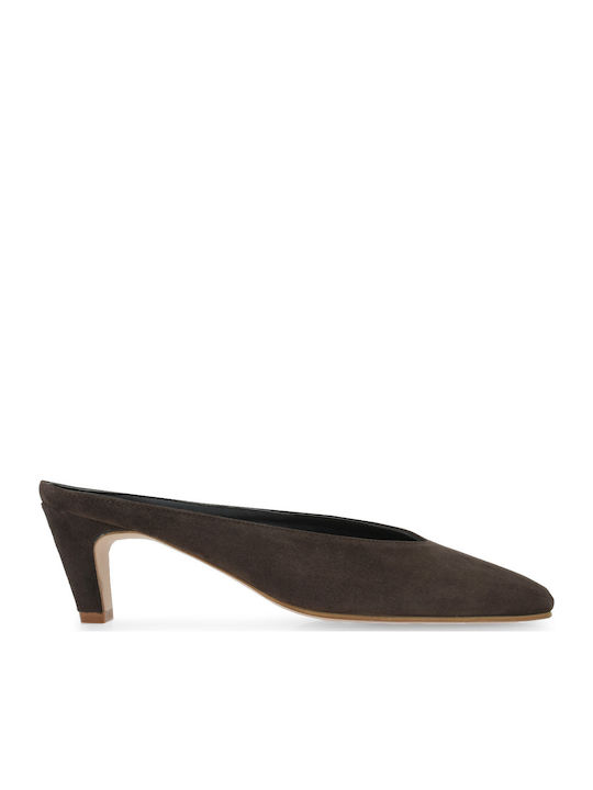 Suede Mules με Χαμηλό Τακούνι σε Καφέ Χρώμα