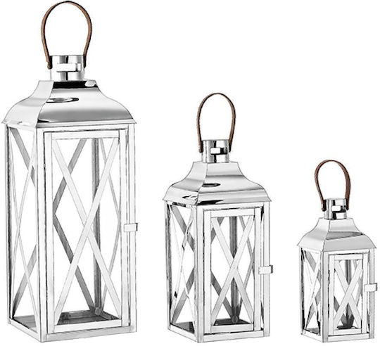Decorative Silver Metallic Lanterns Set Of 3 Pieces 18x18x55 15x15x41 11x11x30