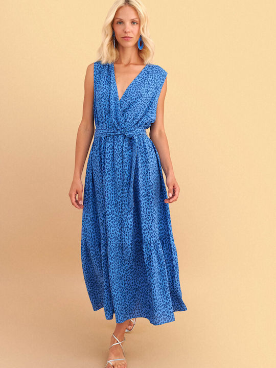 Sommer Midi Damenkleid Wickel Blau
