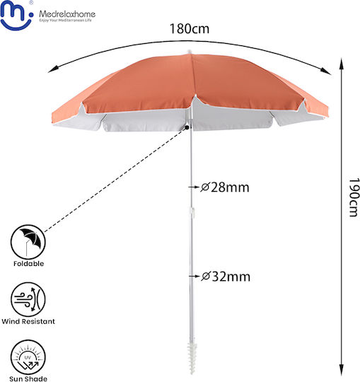 Folding Aluminum Beach Umbrella Diameter 1.8m with UV Protection Orange OPBU1001