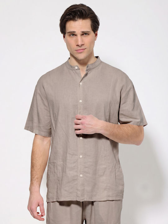 Tresor Kurzärmeliges Leinen Herrenhemd Beige