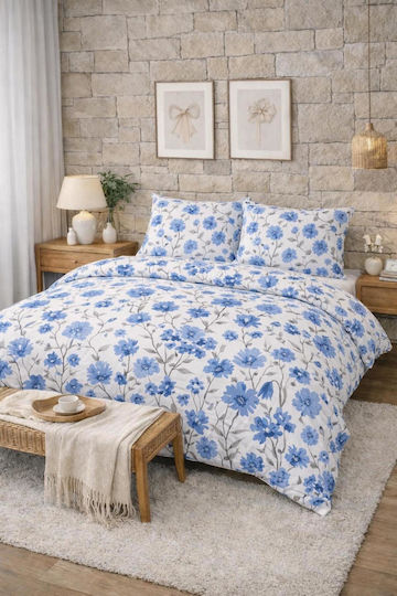 SteweHome Cotton Duvet Cover Set 200x230cm Double With 2 Pillowcases & 1 Bed Sheet Blue