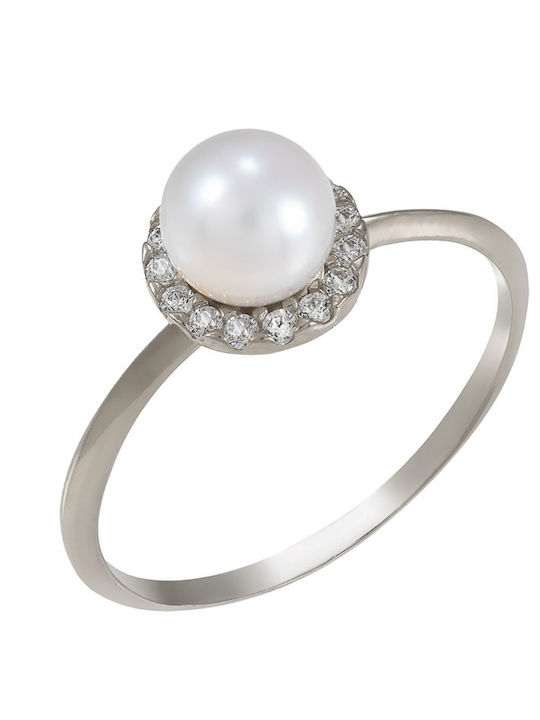 Women's Ring with Pearls & Zircon from 14K White Gold