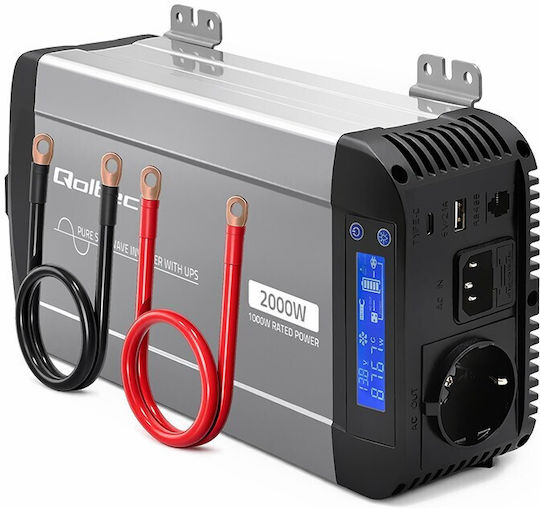 Qoltec Μετατροπέας Τάσης Pure Sine Wave 12v 230v 1000/2000w Ups Bypass Lcd Usb Usb-c Συμβατός Lifepo4 Gel Agm