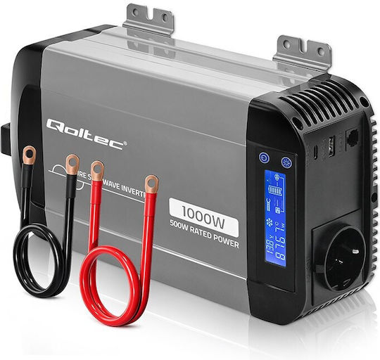 Qoltec Μετατροπέας Τάσης Pure Sine Wave 12v 230v 500/1000w Lcd Usb Usb‑c Συμβατός Lifepo4 Gel Agm