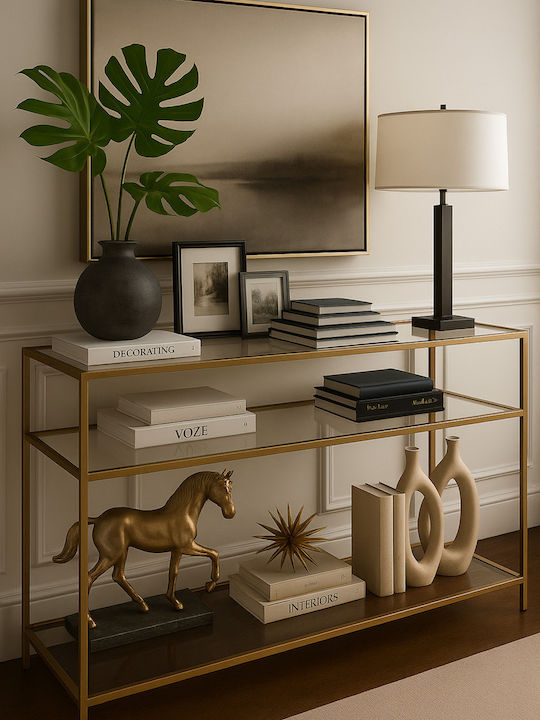 Metal Console Table with Glass Top Gold L100xW30xH90cm